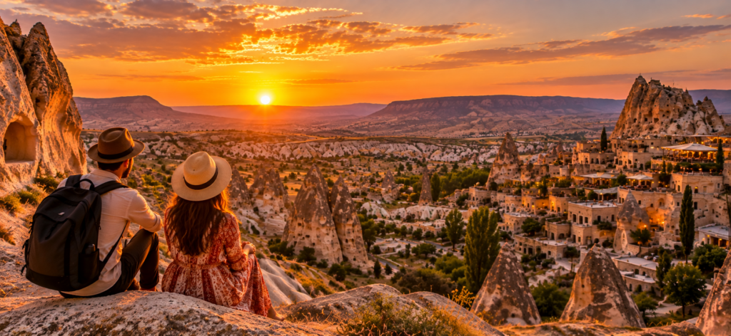 Travellers overlooking Cappadocia at sunset